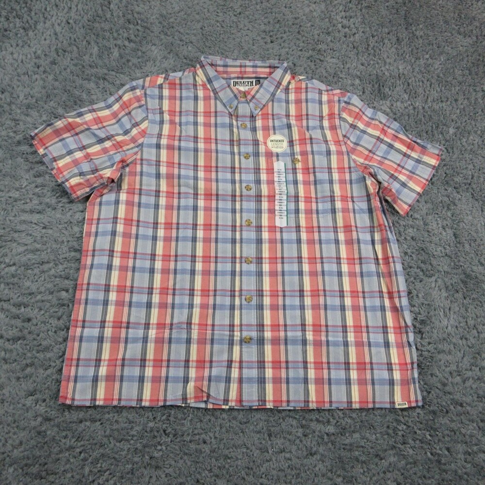 Duluth Trading Shirt Mens 2XL Red Plaid Short Sleeve Button Up Untucked NWT
